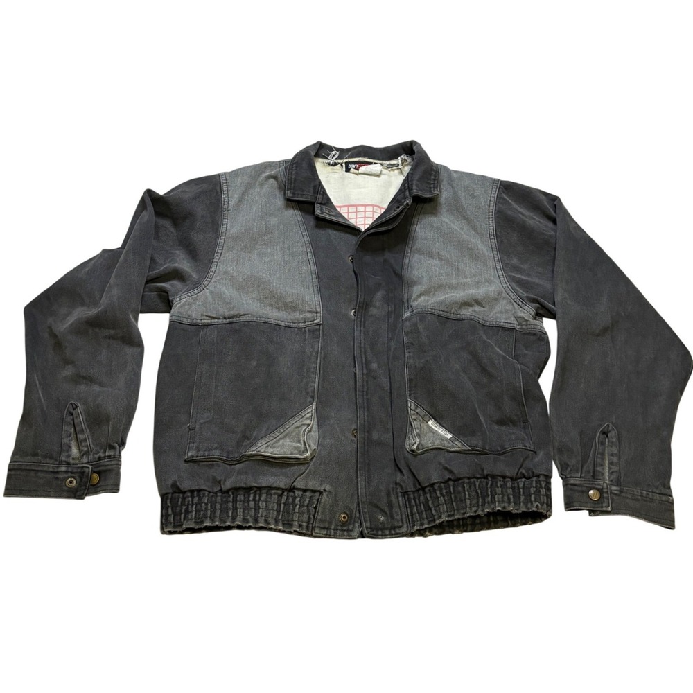 VTG 80s Dont Stop Denim Bomber Jacket Large Black Gray Acid Wash Thrashed Grunge